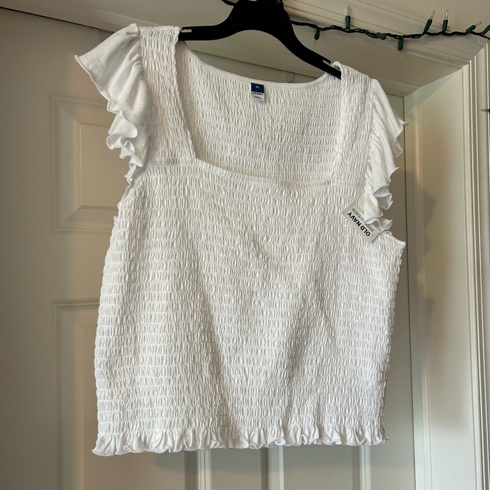 White Smocked Women's Top with ruffle sleeves
